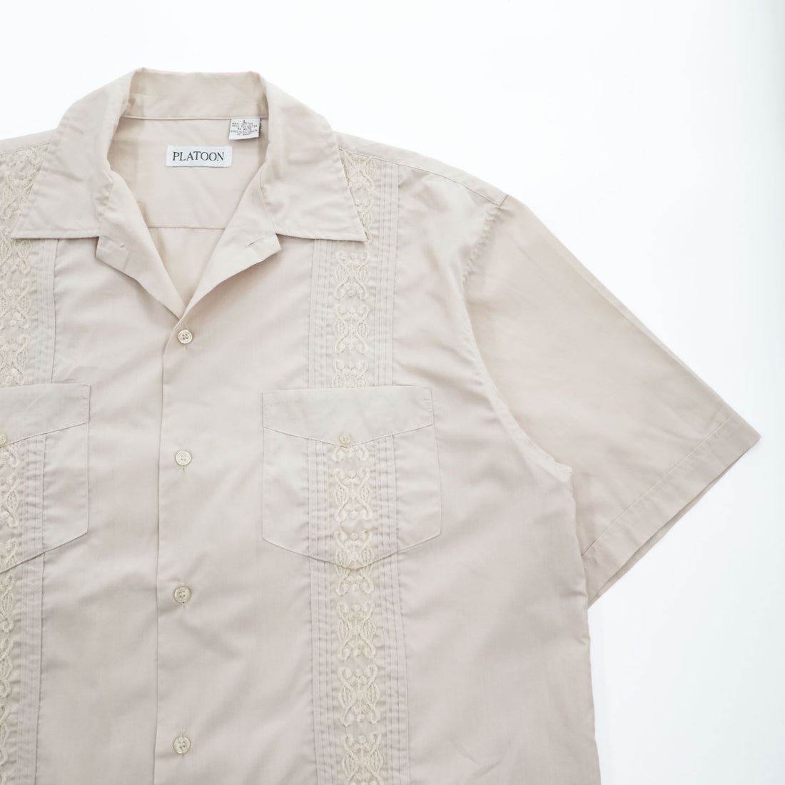 PLATOON 90年代 ヴィンテージ キューバシャツ 半袖 オープンカラー シャツ L 4ポケット 刺繍 ピンタック プリーツ ボックスシルエット 開襟 グアヤベラ