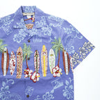 BLUE HAWAII ハワイ製 アロハシャツ 半袖 オープンカラーシャツ S ブルー 総柄 サーフボード 開襟 ボックスシルエット