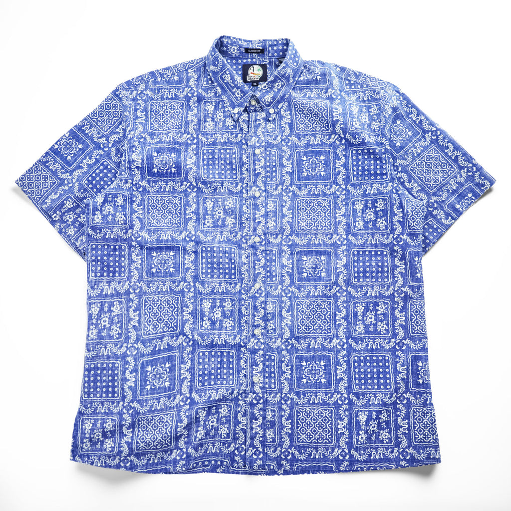 Reyn Spooner 90s Classic Fit Bandana Patchwork Aloha Shirt Blue White Short Sleeve Size XL