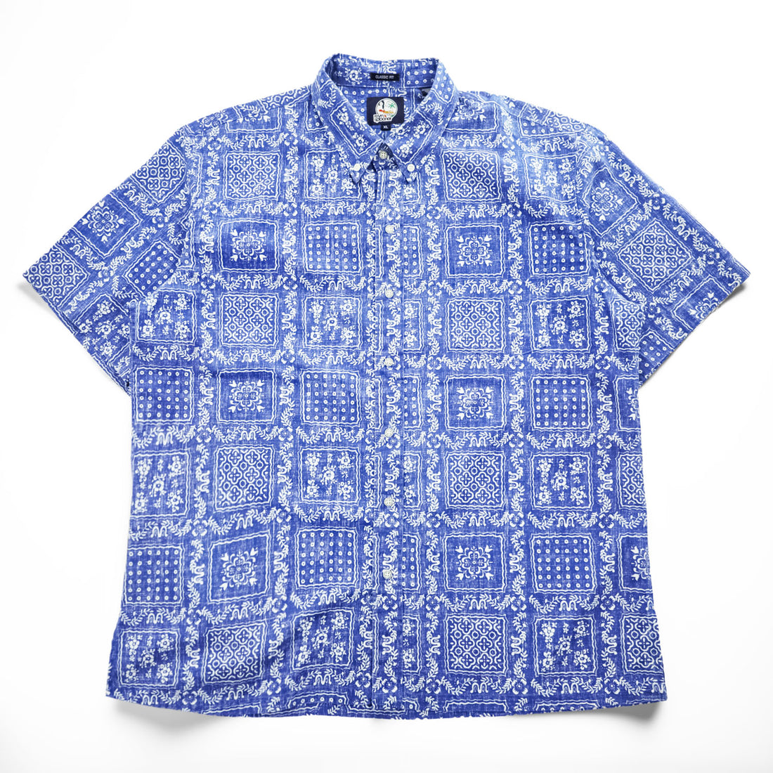 Reyn Spooner 90s Classic Fit Bandana Patchwork Aloha Shirt Blue White Short Sleeve Size XL