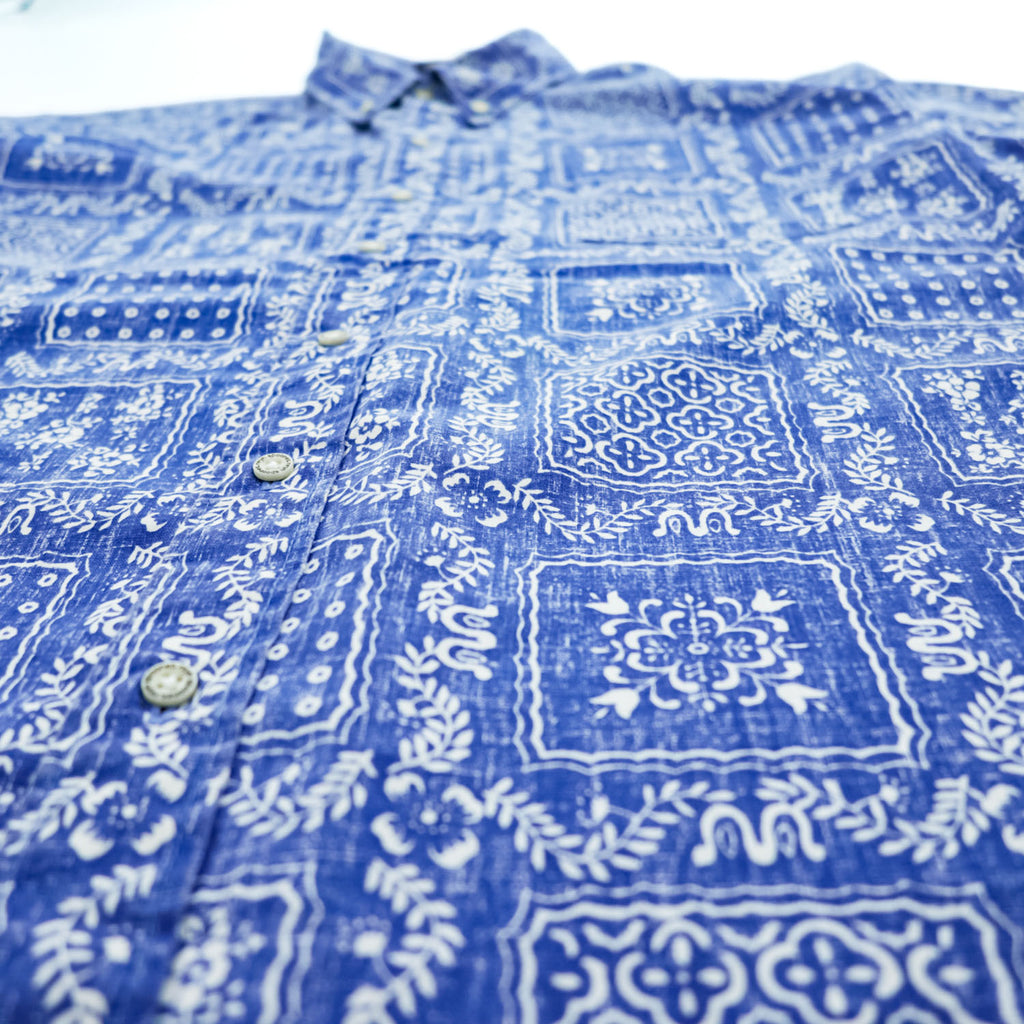 Reyn Spooner 90s Classic Fit Bandana Patchwork Aloha Shirt Blue White Short Sleeve Size XL