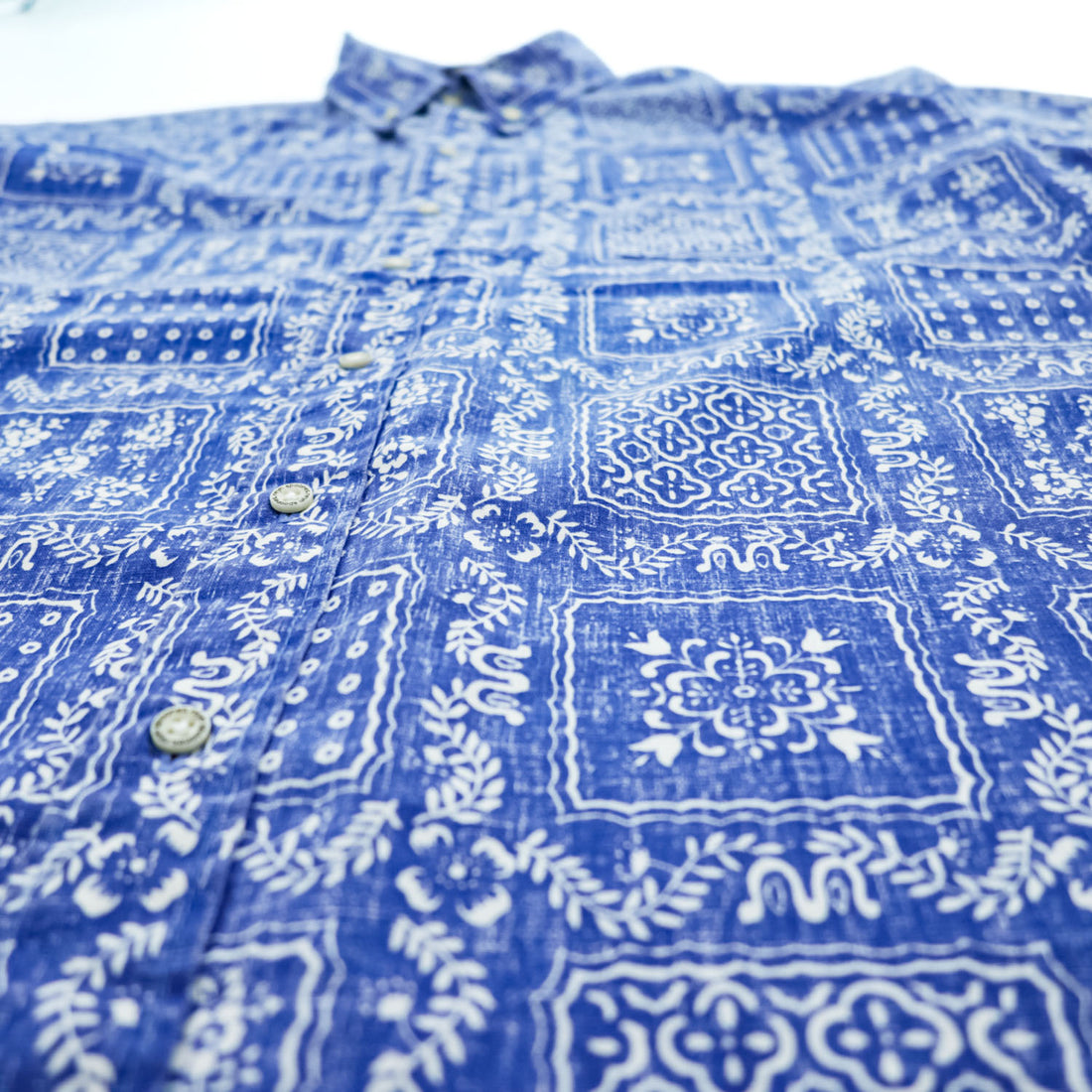 Reyn Spooner 90s Classic Fit Bandana Patchwork Aloha Shirt Blue White Short Sleeve Size XL
