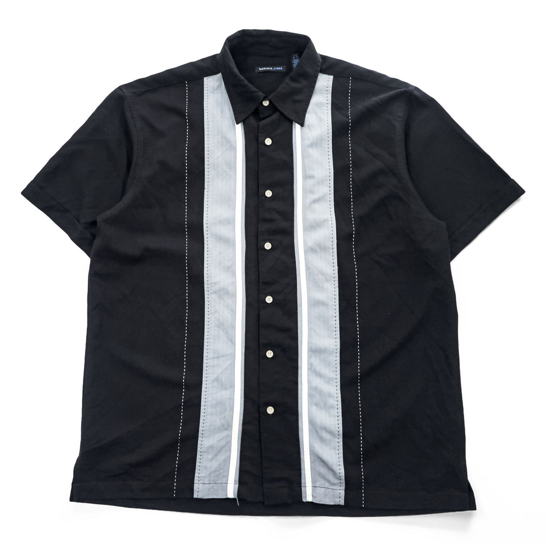 VAN HEUSEN STUDIO 半袖シャツ L ブラック グレー 縦ライン 切替 ボックスシルエット