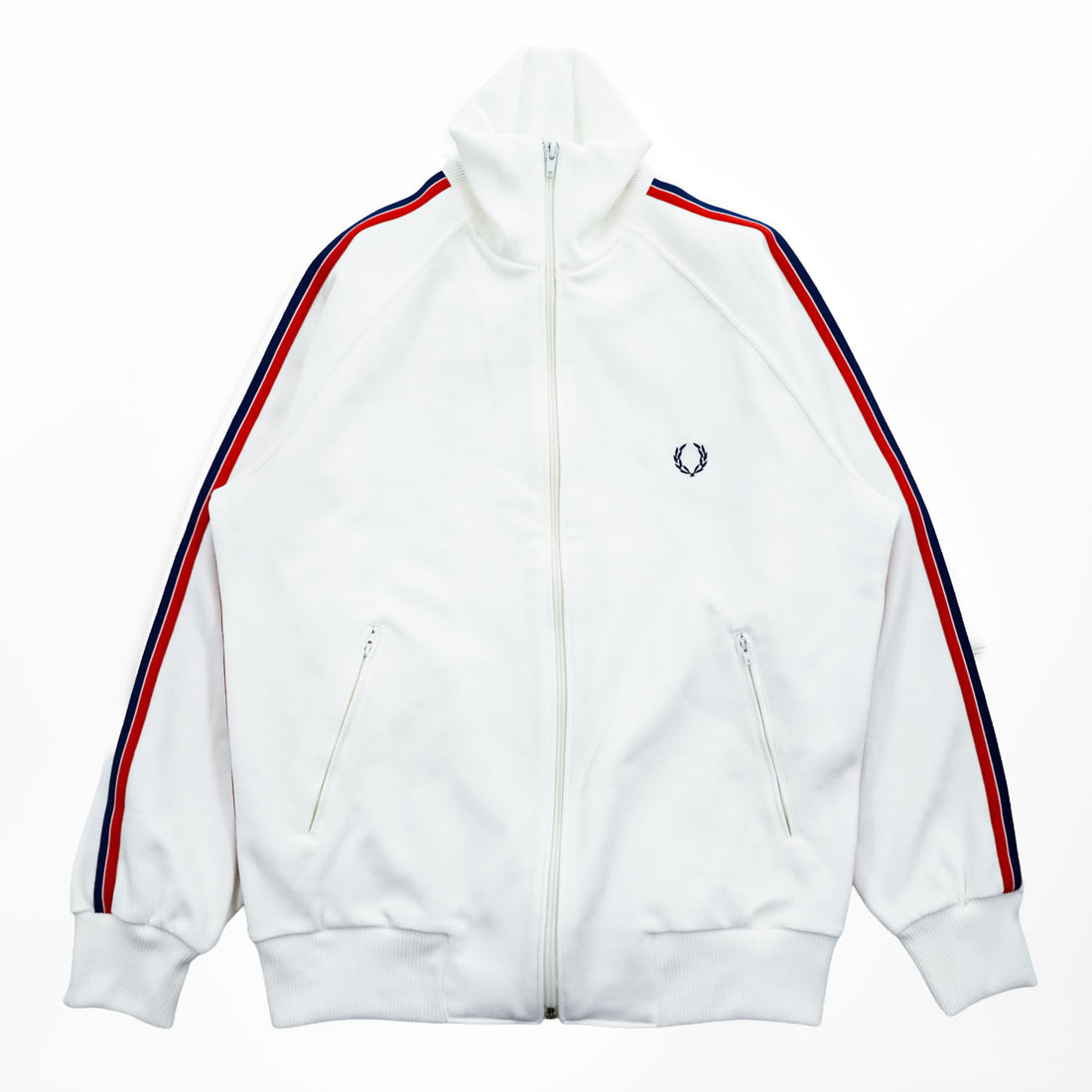 FRED PERRY 80年代 日本製 ヴィンテージ ハイネック トラックジャケット ジャージ L ホワイト 刺繍 ワンポイントロゴ サイドライン スタンドカラー