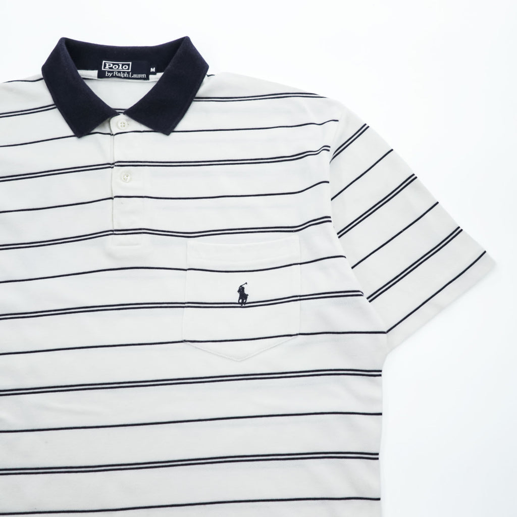 Polo Ralph Lauren 90年代 ヴィンテージ ポロシャツ M ネイビー ホワイト ボーダー スモールポニー ロゴ 刺繍 ポケット 鹿の子