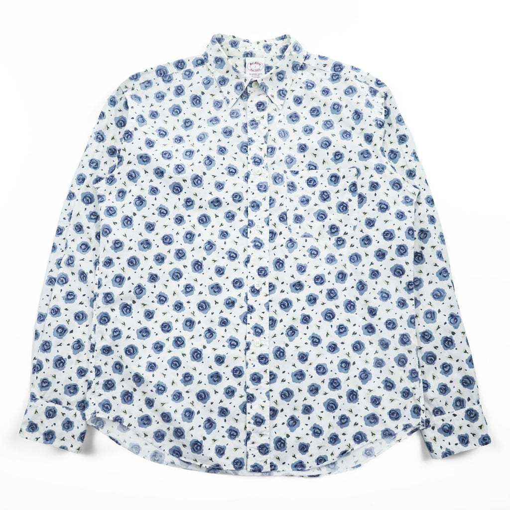 soe shirts 日本製 ドレスシャツ 長袖シャツ M ホワイト ブルー 花柄 薔薇 胸ポケット 2121-81-802