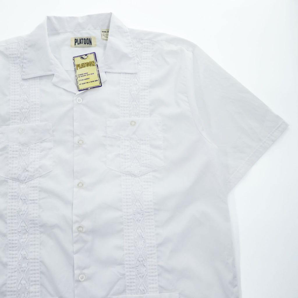 PLATOON キューバシャツ 半袖 オープンカラーシャツ XL ホワイト 刺繍 タック プリーツ 開襟 ボックスシルエット 4ポケット グアヤベラ 未使用品