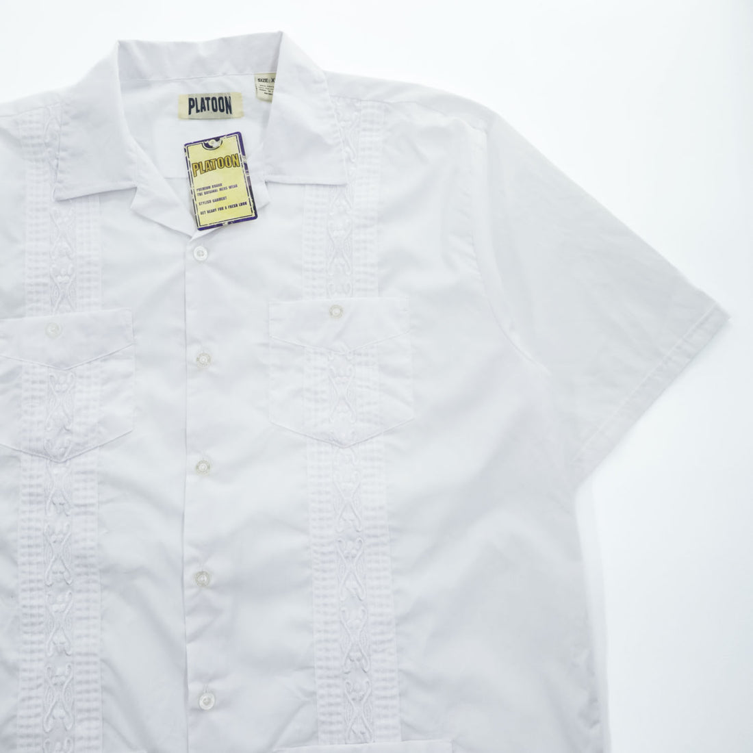 PLATOON キューバシャツ 半袖 オープンカラーシャツ XL ホワイト 刺繍 タック プリーツ 開襟 ボックスシルエット 4ポケット グアヤベラ 未使用品