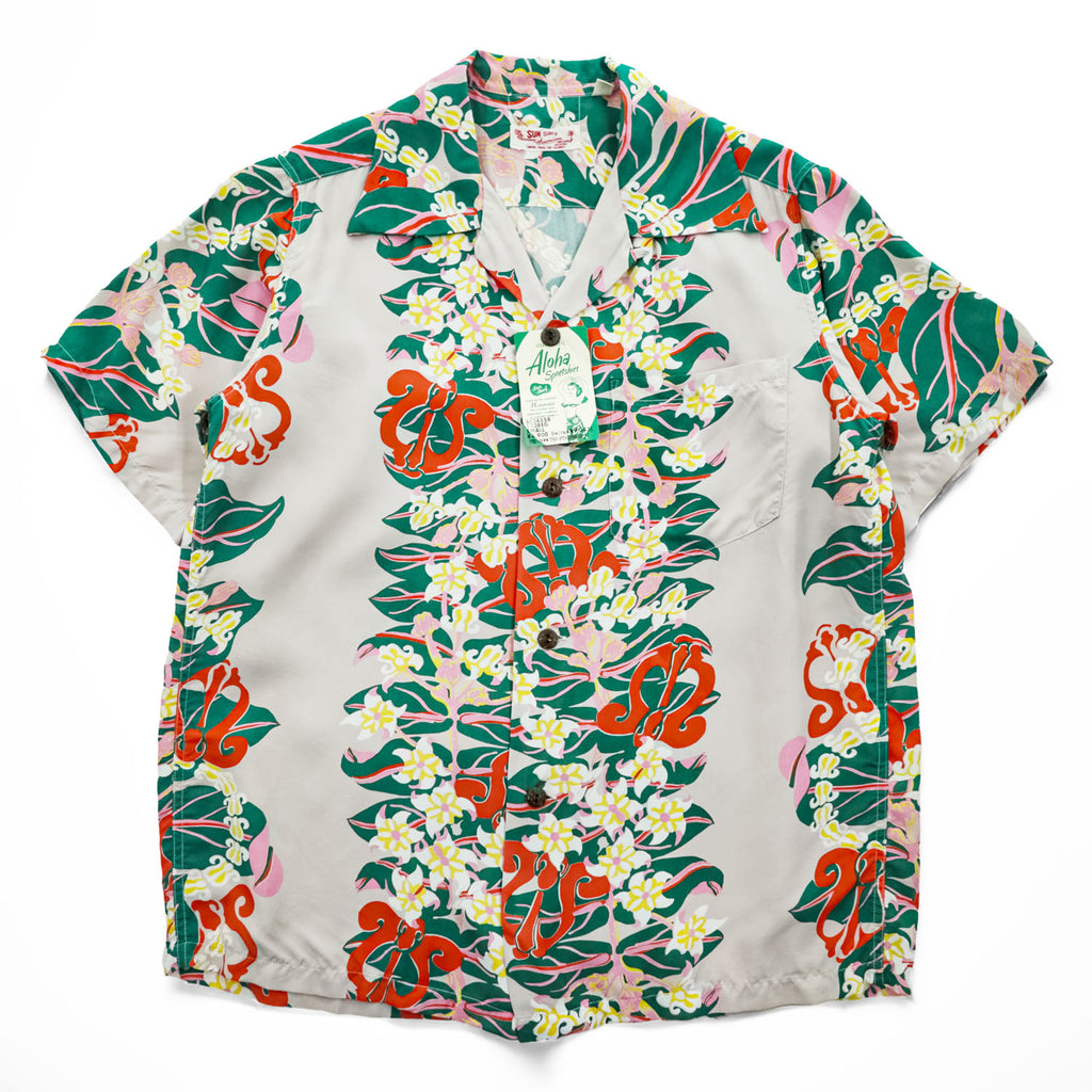 Sun Surf SS34858 Crown Flower Rayon Hawaiian Aloha Shirt Beige Green Made in Japan Size S