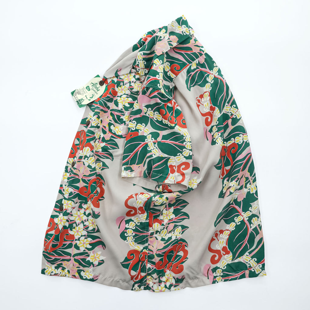 Sun Surf SS34858 Crown Flower Rayon Hawaiian Aloha Shirt Beige Green Made in Japan Size S