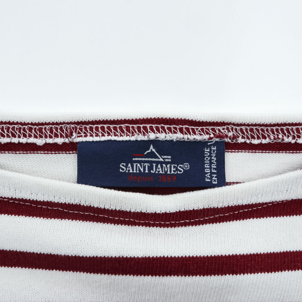 SAINT JAMES Ouessant Breton Shirt White Bordeaux Red Stripe Boat Neck Long Sleeve France Made Cotton Size T4 M
