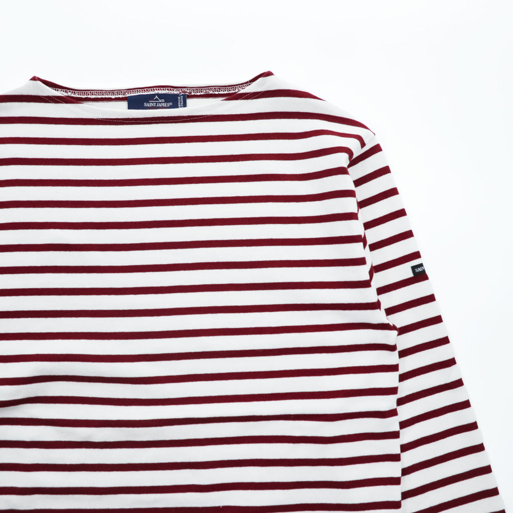 SAINT JAMES Ouessant Breton Shirt White Bordeaux Red Stripe Boat Neck Long Sleeve France Made Cotton Size T4 M