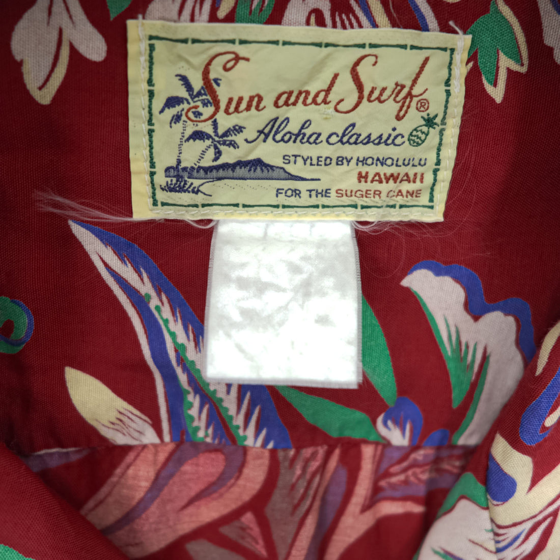 SUN SURF Sun and Surf for the SUGER CANE 80年代 ヴィンテージ 日本製 アロハシャツ 半袖 オープンカラーシャツ M レッド 総柄 初期タグ 開襟