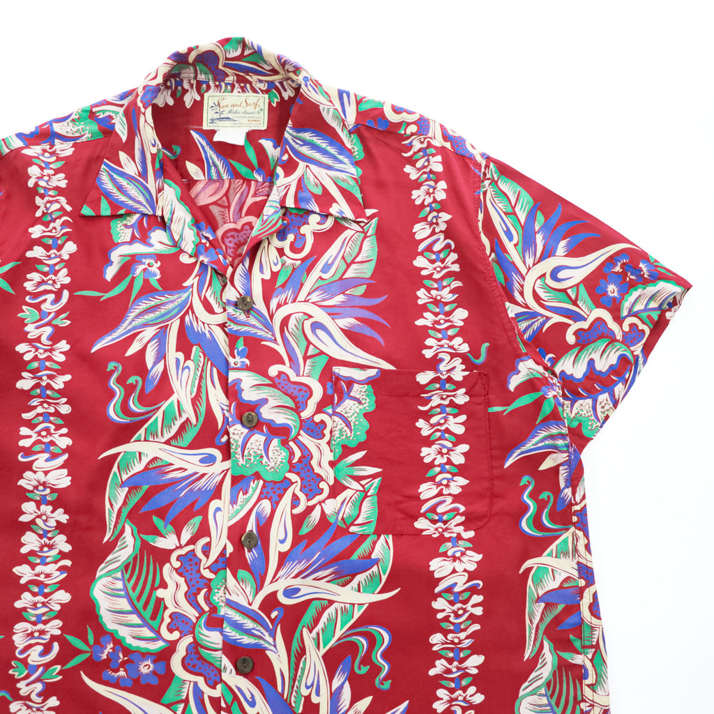 SUN SURF Sun and Surf for the SUGER CANE 80年代 ヴィンテージ 日本製 アロハシャツ 半袖 オープンカラーシャツ M レッド 総柄 初期タグ 開襟