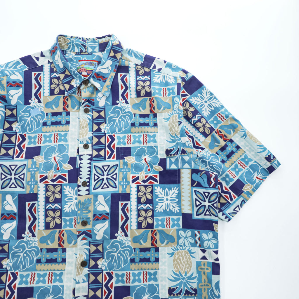 reyn spooner 90年代 ヴィンテージ アロハシャツ JOE KEALOHA'S 半袖シャツ L ブルー 総柄 パッチワーク