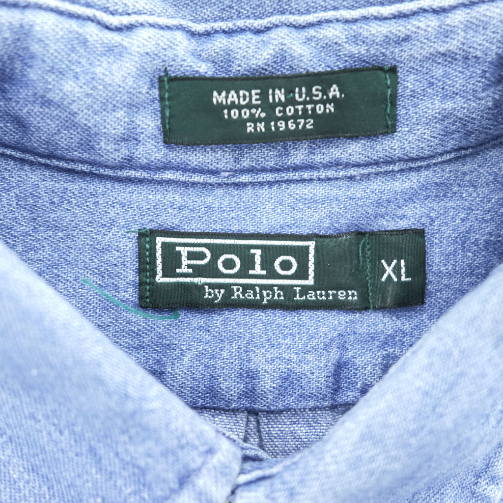 Polo Ralph Lauren 90年代 USA製 ヴィンテージ 長袖 デニム シャツ XL ブルー ボタンダウン エンブレム 刺繍