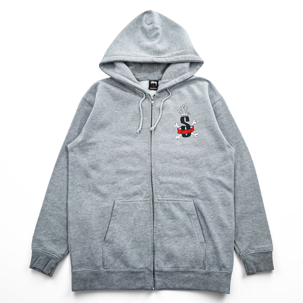 STUSSY 00年代 USA製 ヴィンテージ ジップパーカー L グレー 裏起毛 バックプリント クラウン クロスボーン