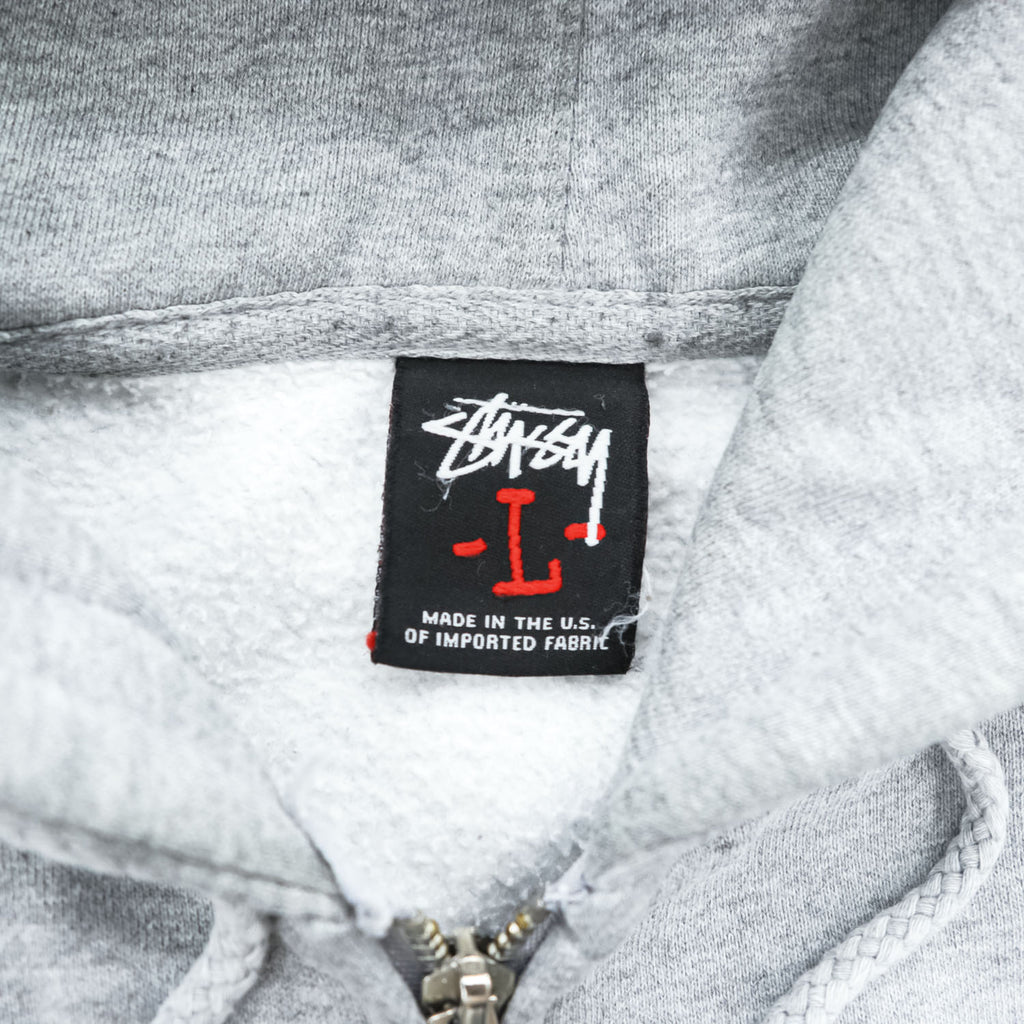 STUSSY 00年代 USA製 ヴィンテージ ジップパーカー L グレー 裏起毛 バックプリント クラウン クロスボーン