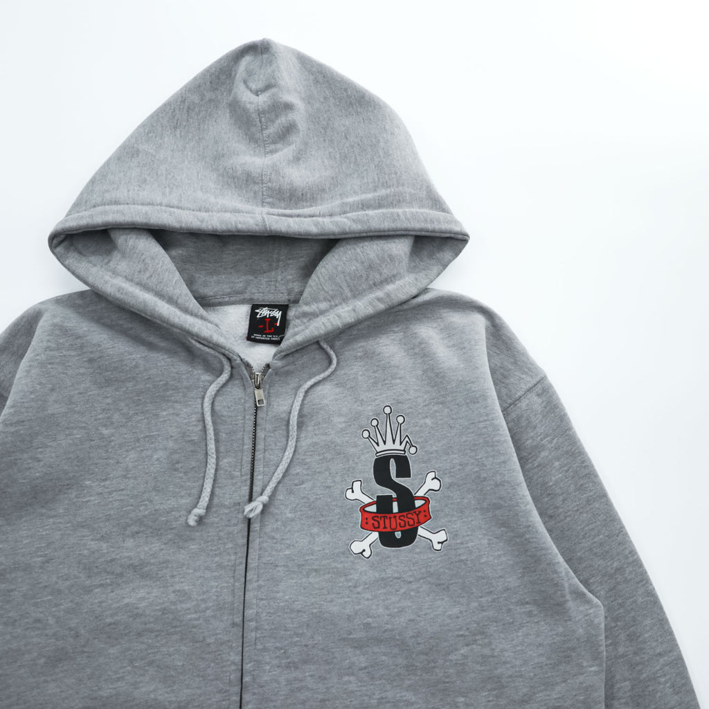 STUSSY 00年代 USA製 ヴィンテージ ジップパーカー L グレー 裏起毛 バックプリント クラウン クロスボーン