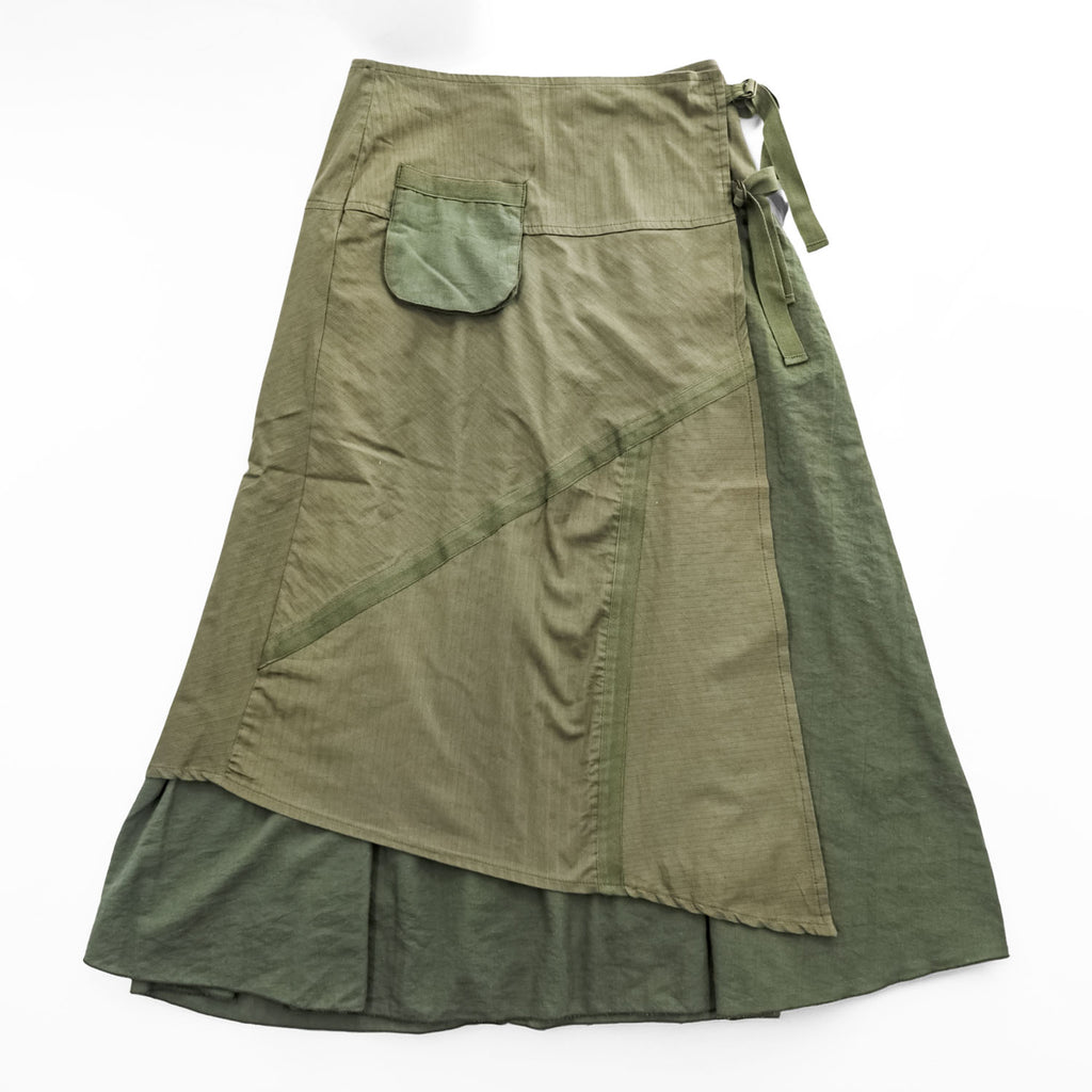 Vintage French Military Wrap Skirt フランス製 ミリタリー ラップスカート L カーキ グリーン ストレッチ ヘリンボーン ラップ フレア