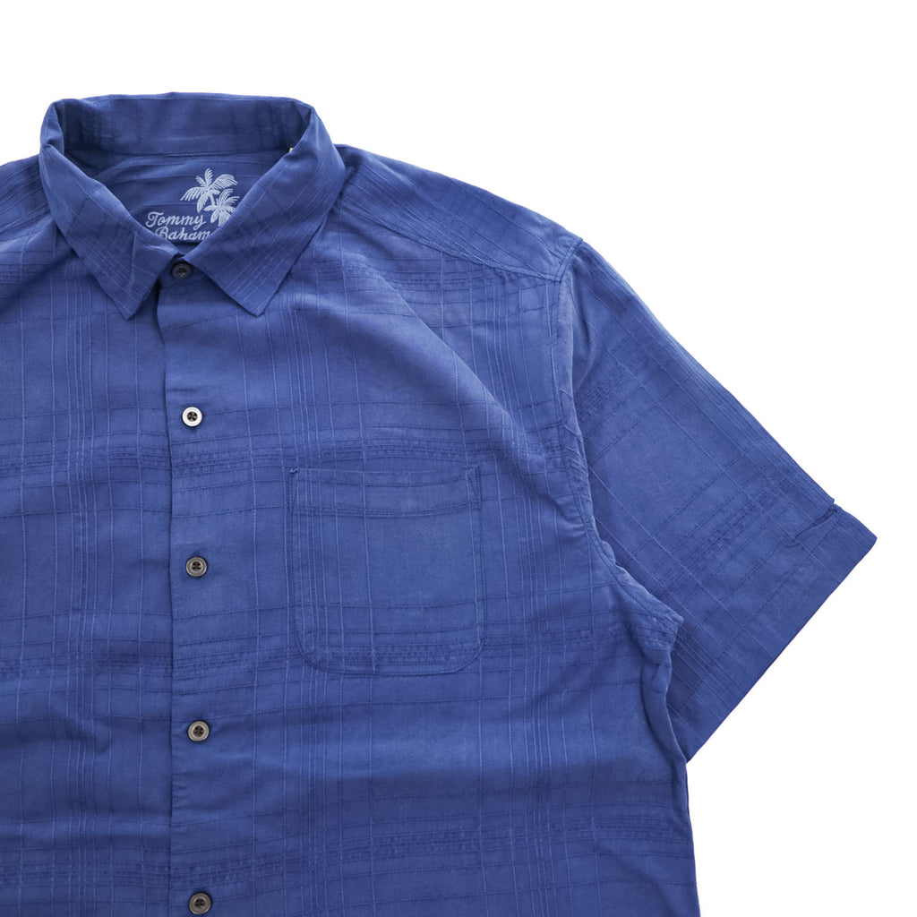 TOMMY BAHAMA 半袖 シルク シャツ M ブルー ジャガード チェック 胸ポケット ボックスシルエット