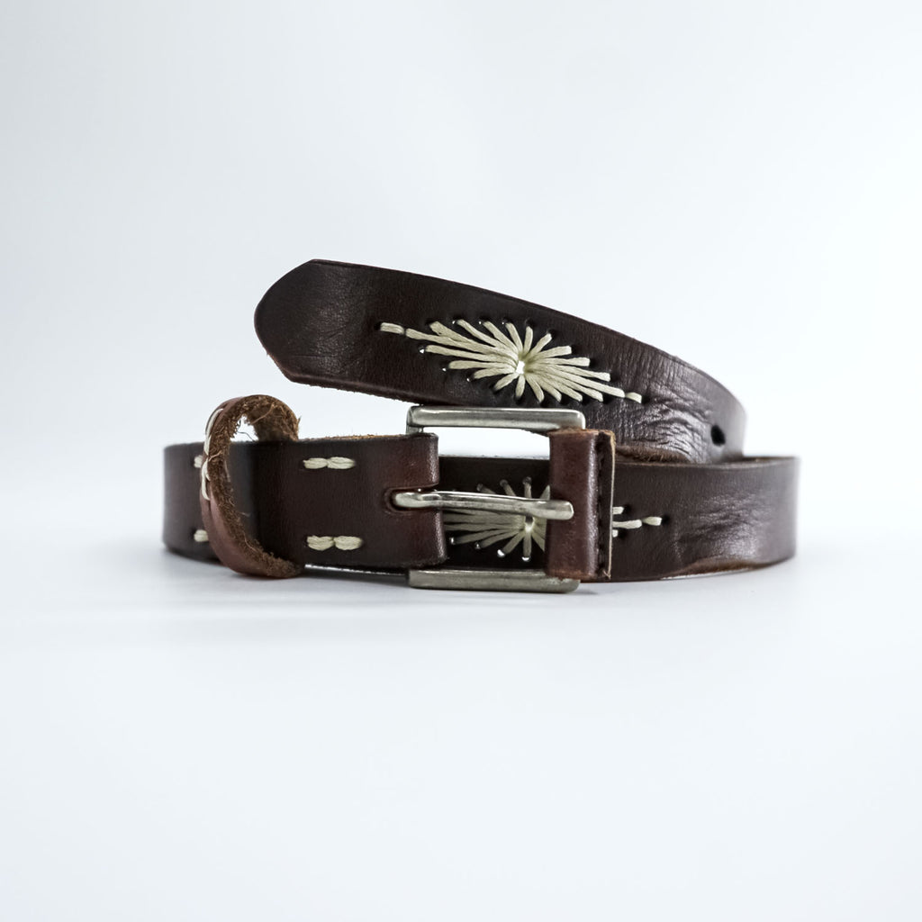 Vintage Leather Belt ウエスタン レザーベルト ブラウン ネイティブ オルテガ 刺繍 ホワイト ステッチ