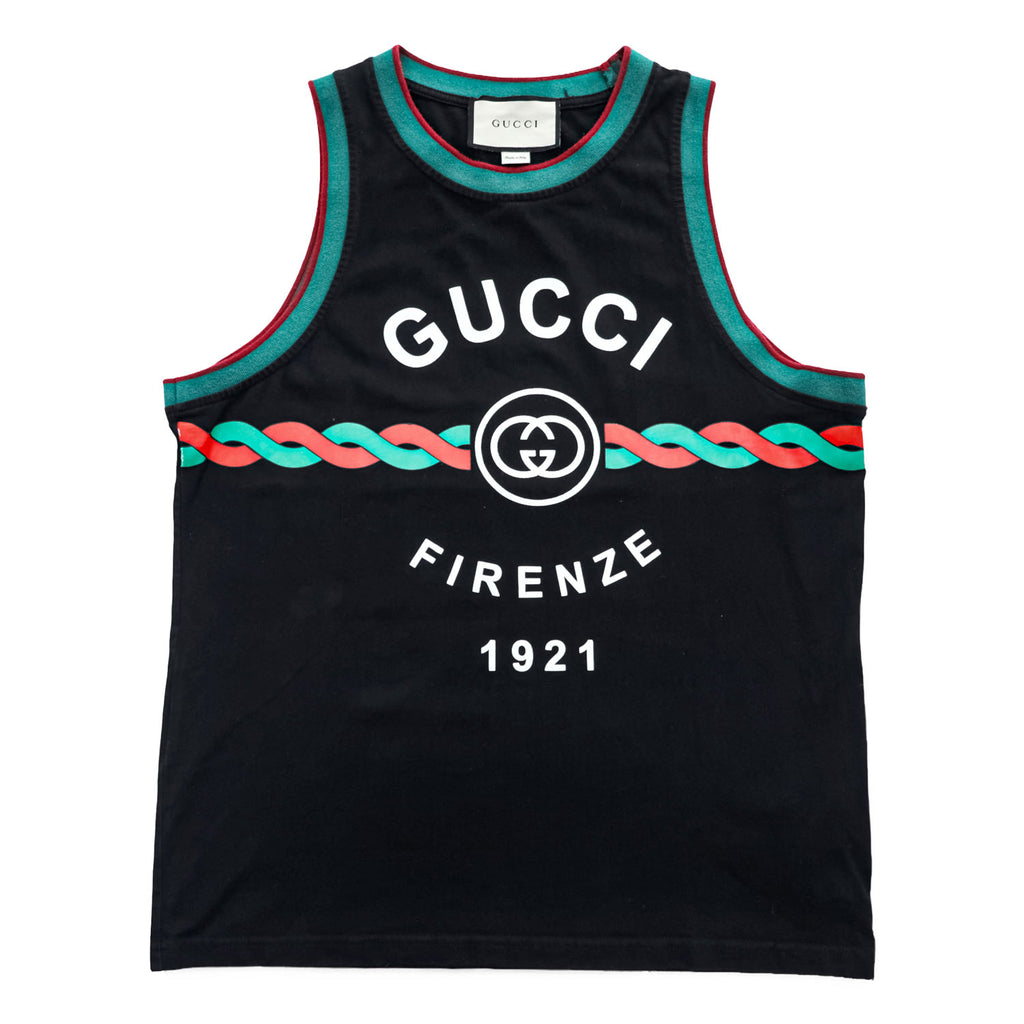 GUCCI コットンジャージー タンクトップ Cotton jersey 'Gucci Firenze 1921' tank top ブラック M シェリーライン ノースリーブ 08.338.986 / 0001-16 イタリア製