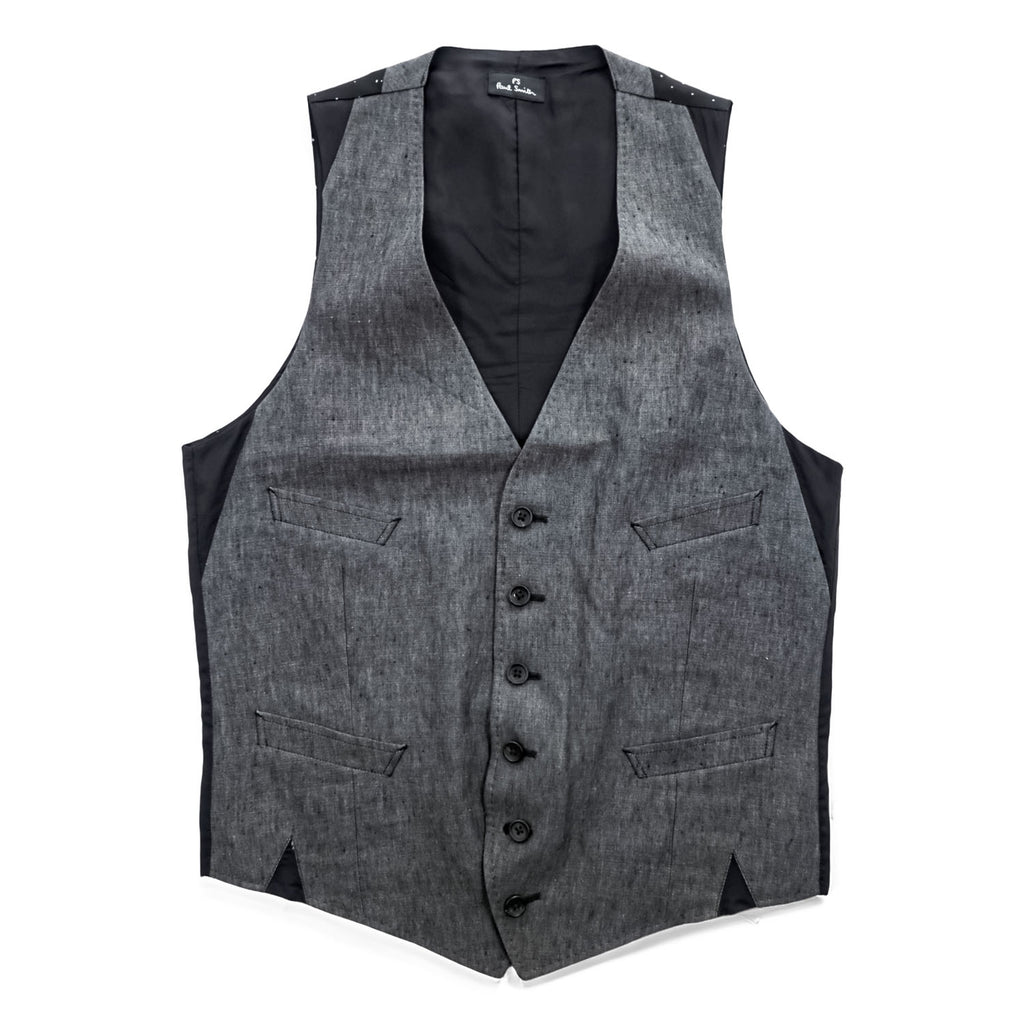 PS Paul Smith リネン ジレ スーツベスト L グレー ブラック 麻 シンチバック ドット PP-BM-47921