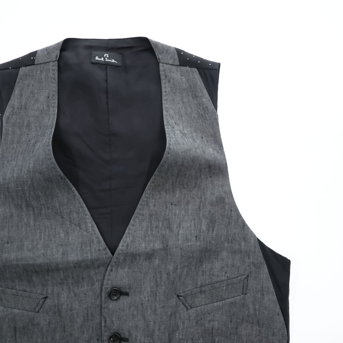 PS Paul Smith リネン ジレ スーツベスト L グレー ブラック 麻 シンチバック ドット PP-BM-47921