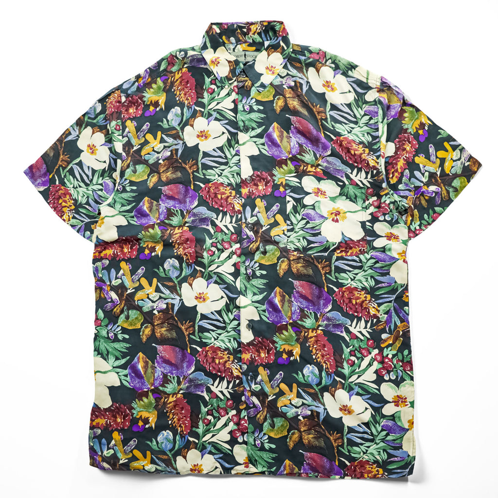 ROBERT STOCK 90年代 ヴィンテージ 半袖 シルク アロハシャツ L ブラック マルチカラー 総柄 ボタニカル 花柄