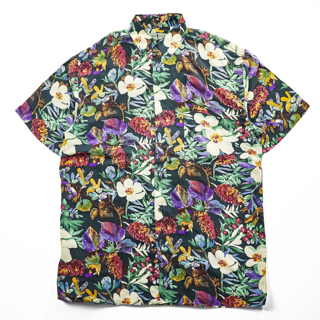 ROBERT STOCK 90年代 ヴィンテージ 半袖 シルク アロハシャツ L ブラック マルチカラー 総柄 ボタニカル 花柄