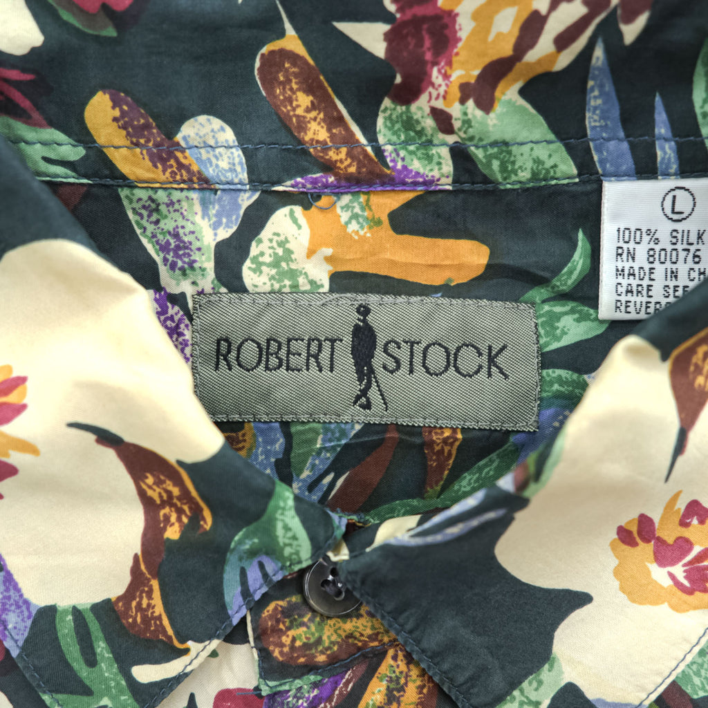 ROBERT STOCK 90年代 ヴィンテージ 半袖 シルク アロハシャツ L ブラック マルチカラー 総柄 ボタニカル 花柄