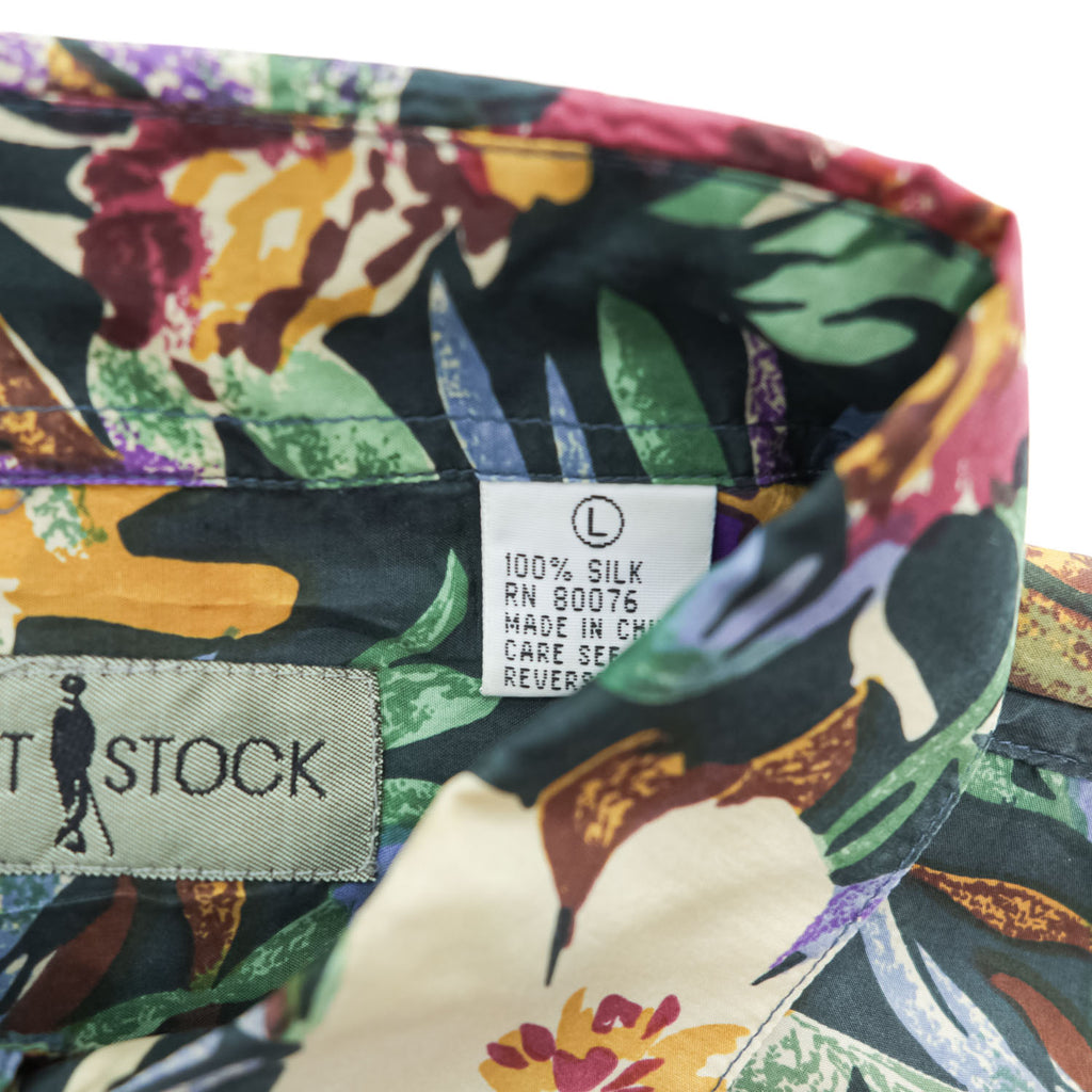 ROBERT STOCK 90年代 ヴィンテージ 半袖 シルク アロハシャツ L ブラック マルチカラー 総柄 ボタニカル 花柄