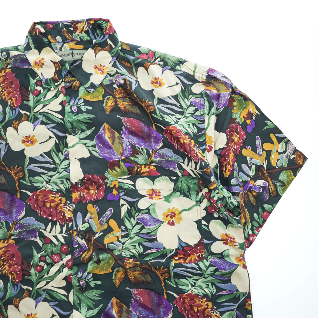 ROBERT STOCK 90年代 ヴィンテージ 半袖 シルク アロハシャツ L ブラック マルチカラー 総柄 ボタニカル 花柄