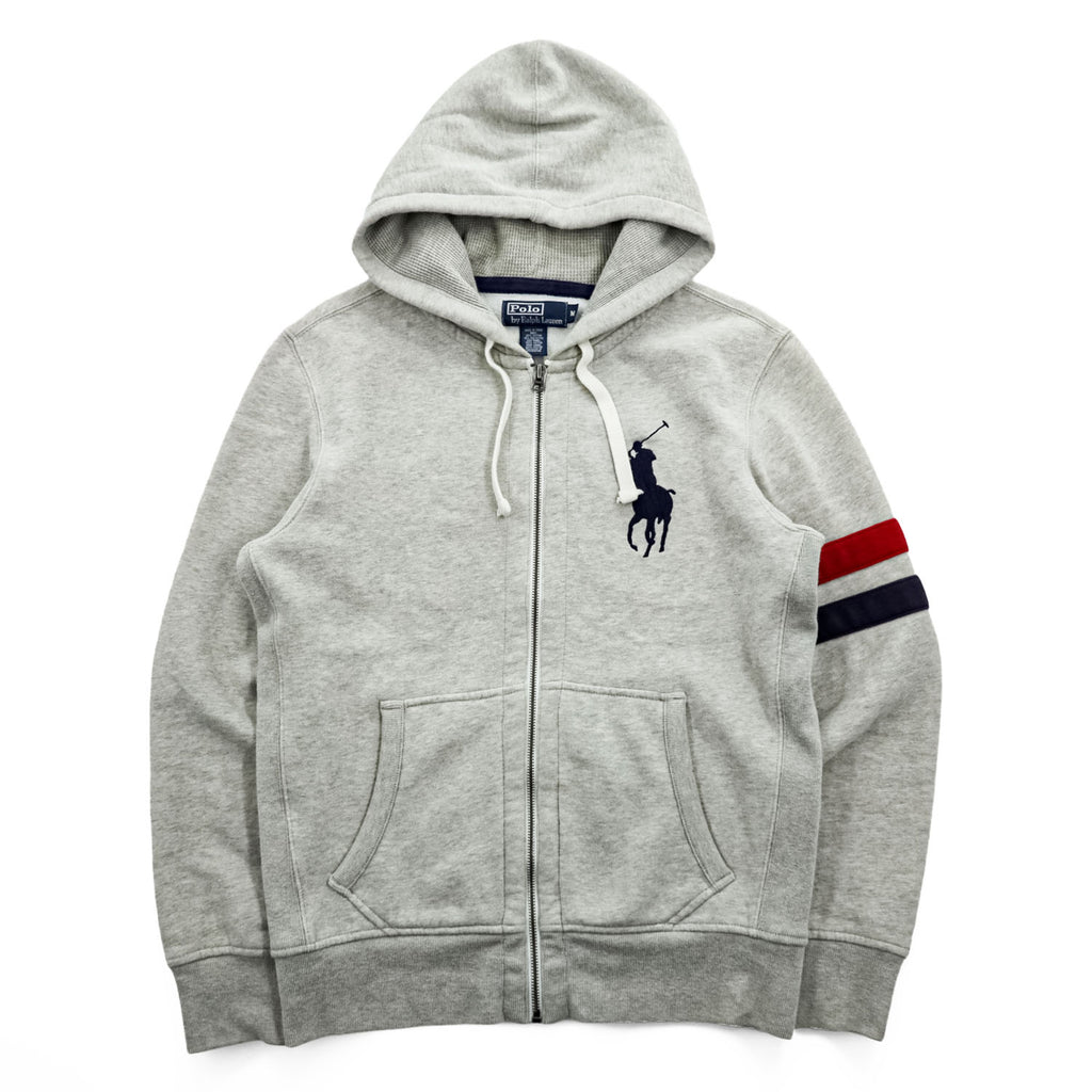 Polo Ralph Lauren 90年代 ヴィンテージ ビッグポニー リバースウィーブ ジップパーカー M グレー フロントポケット 裏起毛 サーマル 袖ライン