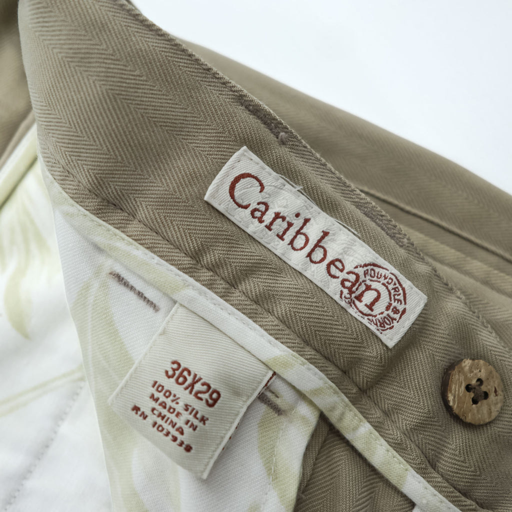 90年代 ヴィンテージ Caribbean シルク 2タック ワイド スラックス パンツ L ベージュ ヘリンボーン プリーツ Relaxed Fit