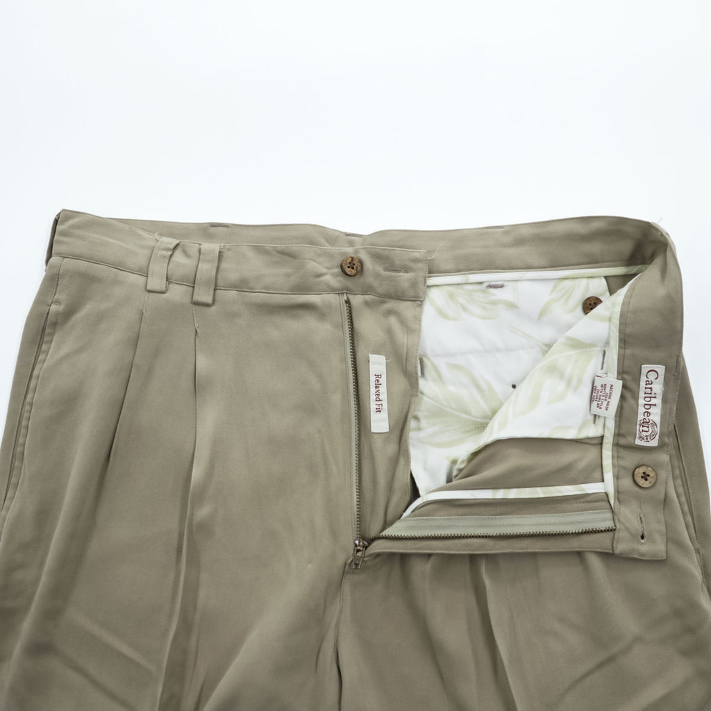 90年代 ヴィンテージ Caribbean シルク 2タック ワイド スラックス パンツ L ベージュ ヘリンボーン プリーツ Relaxed Fit