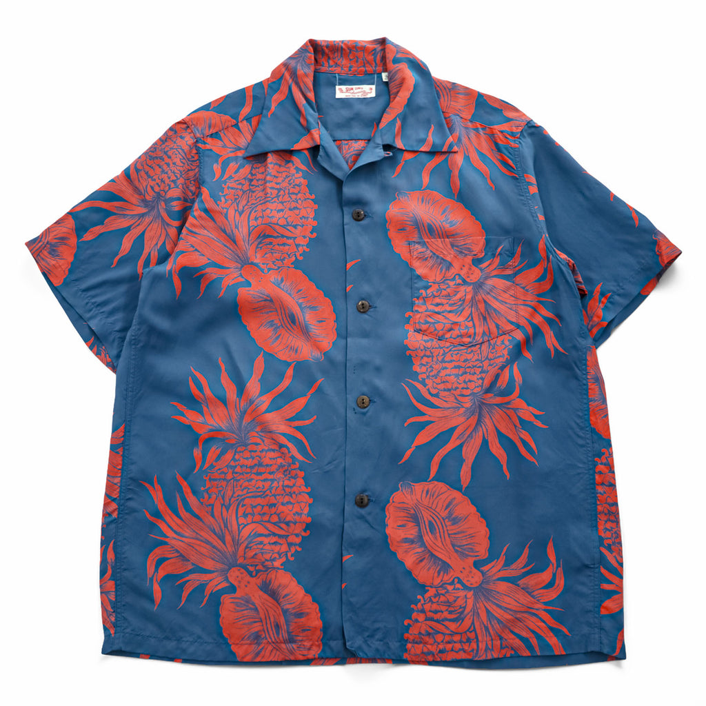SUN SURF 日本製 アロハシャツ 半袖 オープンカラーシャツ M オレンジ ブルー PINEAPPLE BORDER 開襟 SS35651