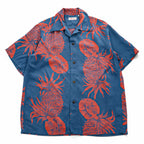 SUN SURF 日本製 アロハシャツ 半袖 オープンカラーシャツ M オレンジ ブルー PINEAPPLE BORDER 開襟 SS35651