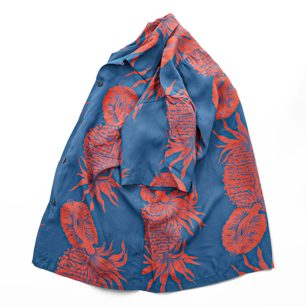 SUN SURF 日本製 アロハシャツ 半袖 オープンカラーシャツ M オレンジ ブルー PINEAPPLE BORDER 開襟 SS35651