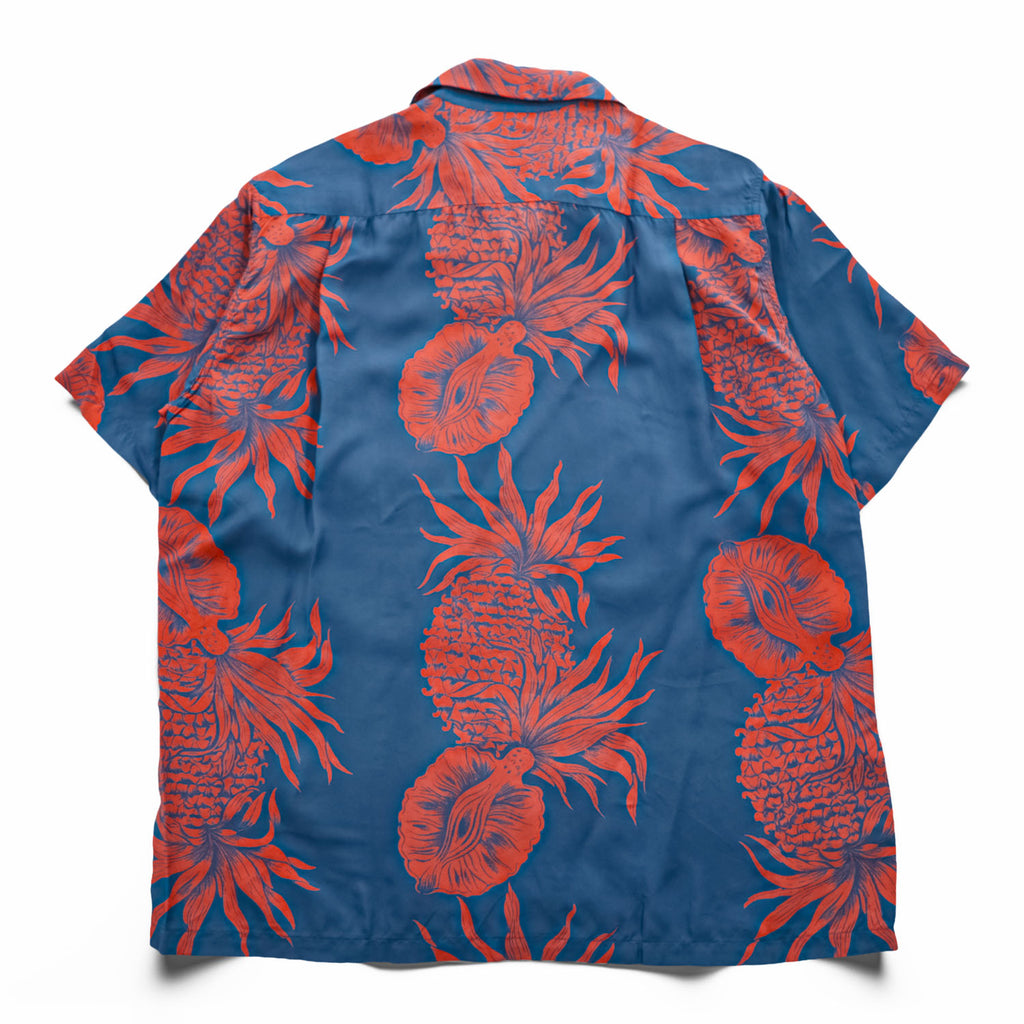 SUN SURF 日本製 アロハシャツ 半袖 オープンカラーシャツ M オレンジ ブルー PINEAPPLE BORDER 開襟 SS35651