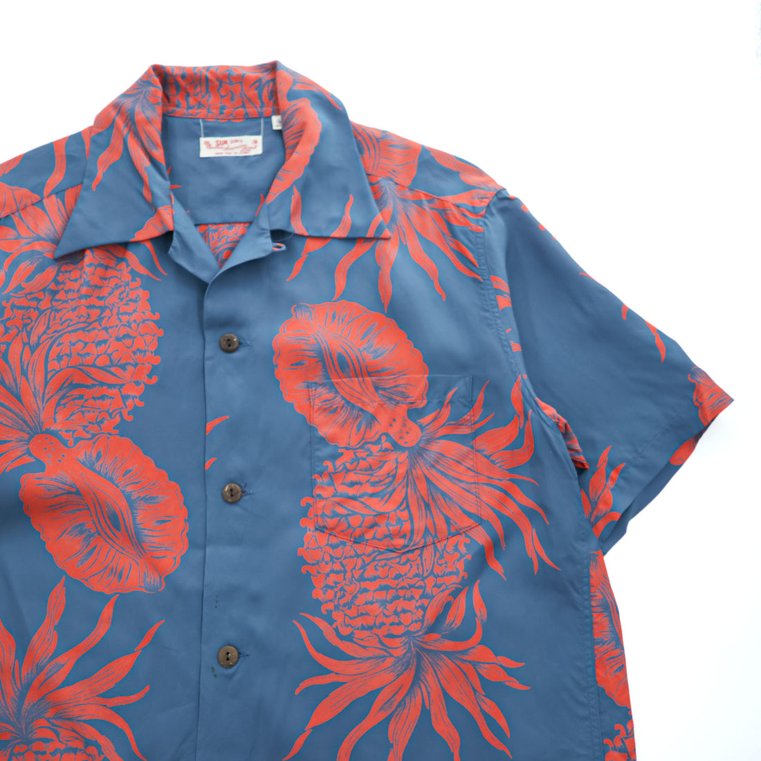 SUN SURF 日本製 アロハシャツ 半袖 オープンカラーシャツ M オレンジ ブルー PINEAPPLE BORDER 開襟 SS35651