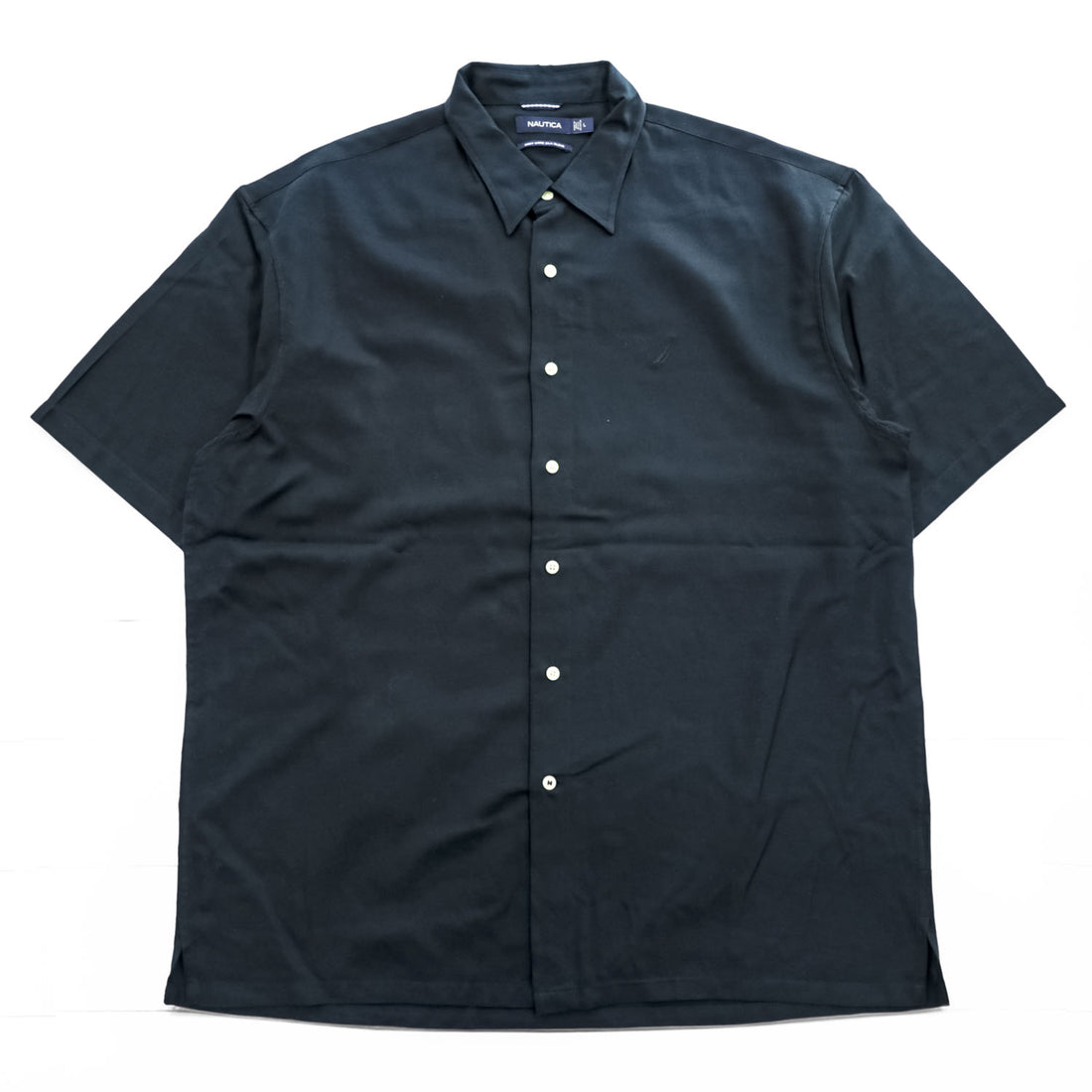 NAUTICA 半袖 シルク シャツ L ブラック EASY CARE SILK BLEND ワンポイントロゴ ボックスシルエット