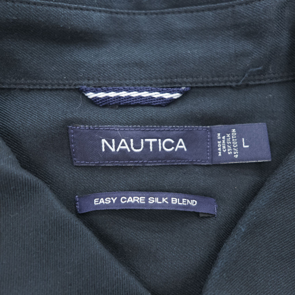 NAUTICA 半袖 シルク シャツ L ブラック EASY CARE SILK BLEND ワンポイントロゴ ボックスシルエット
