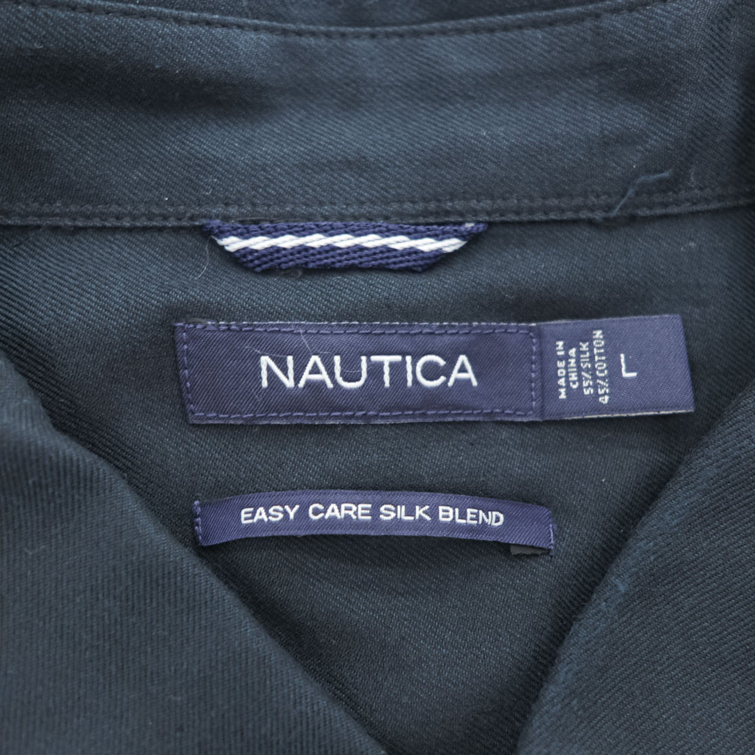 NAUTICA 半袖 シルク シャツ L ブラック EASY CARE SILK BLEND ワンポイントロゴ ボックスシルエット