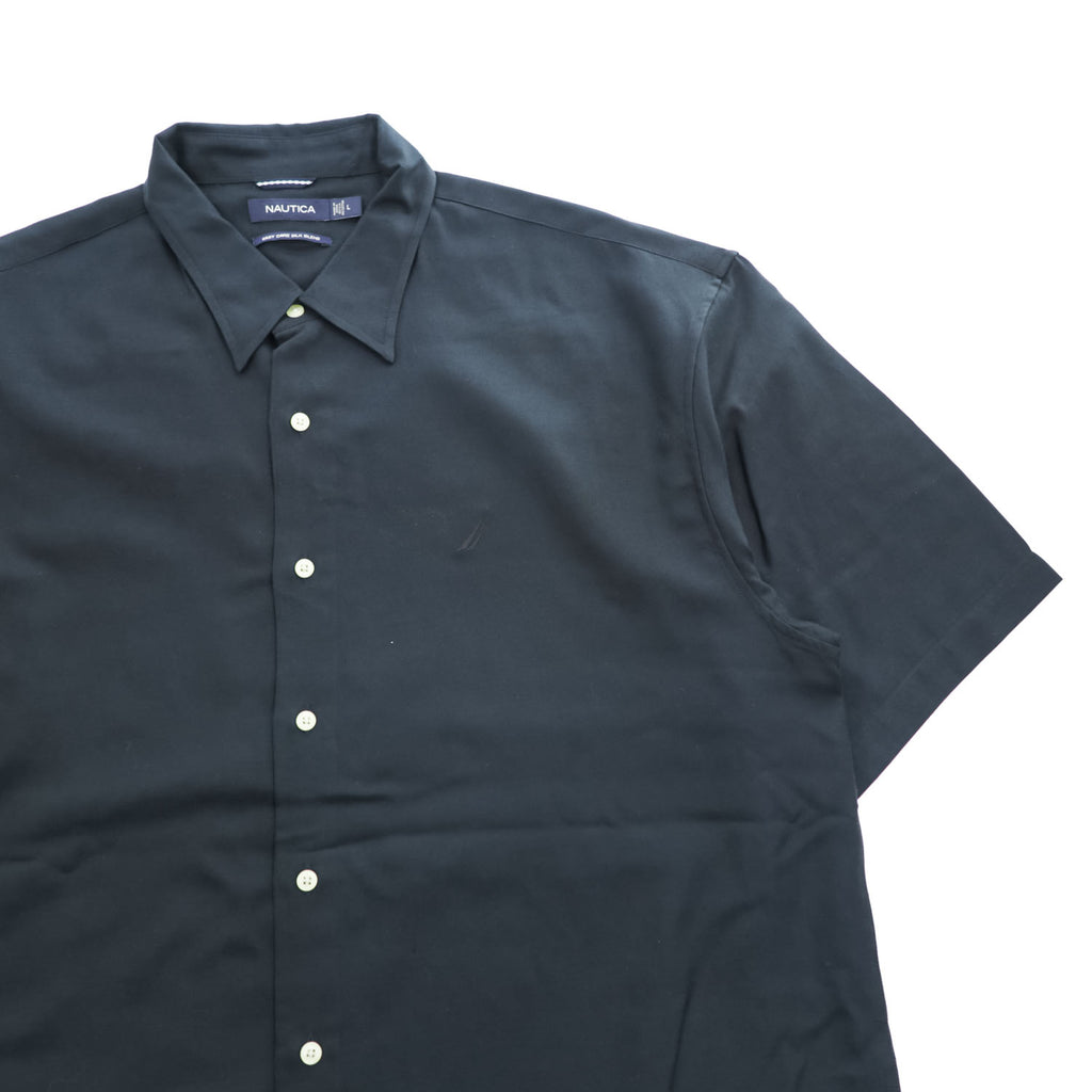 NAUTICA 半袖 シルク シャツ L ブラック EASY CARE SILK BLEND ワンポイントロゴ ボックスシルエット