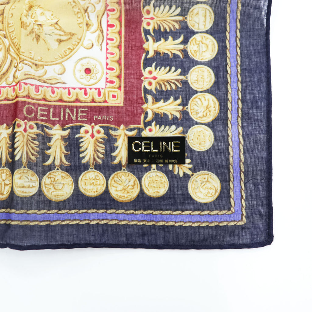 CELINE 日本製 ハンカチ ポケットチーフ スカーフ ネイビー ゴールド 総柄 バロック 未使用品