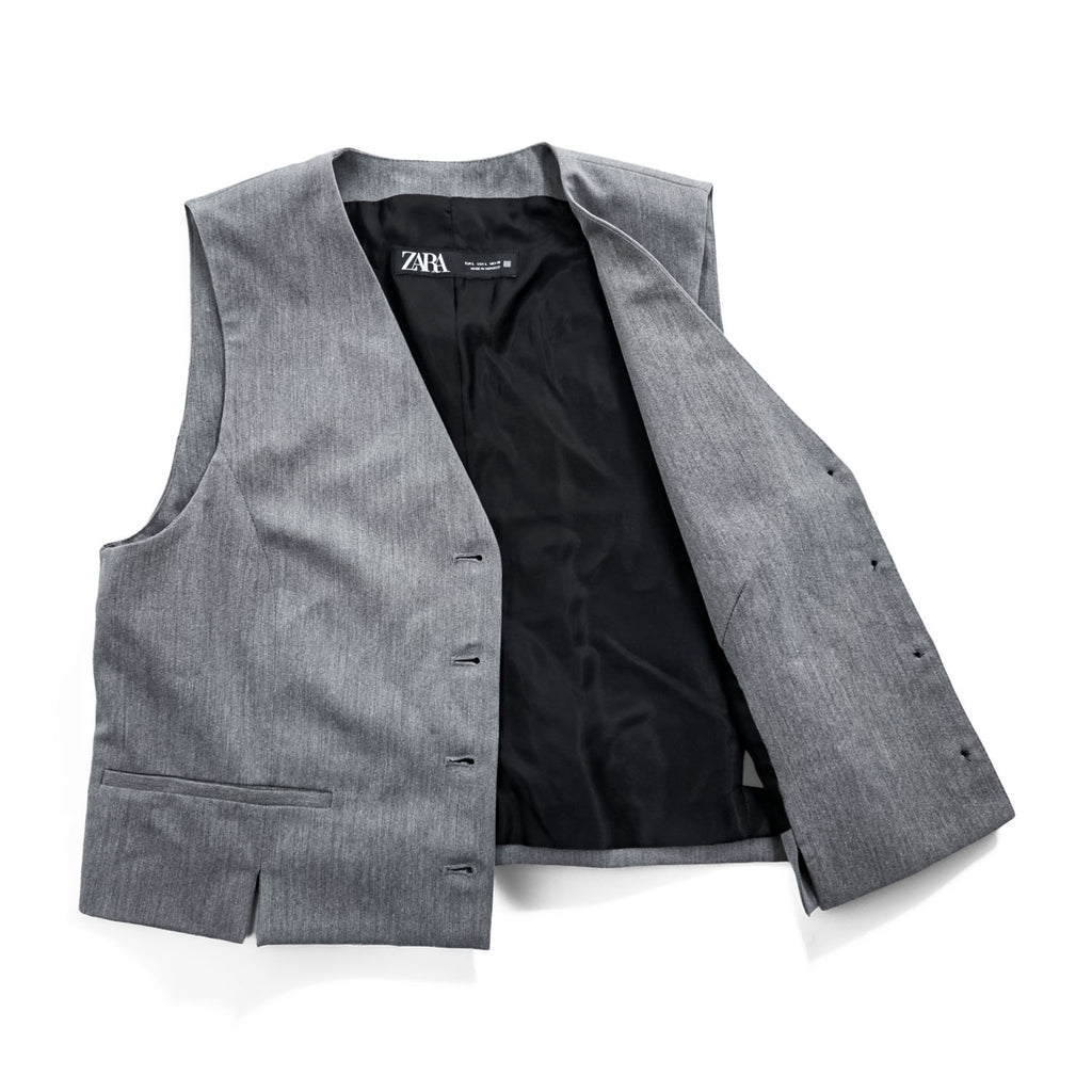 ZARA ジレ スーツベスト L グレー ストレッチ シンチバック ベルト