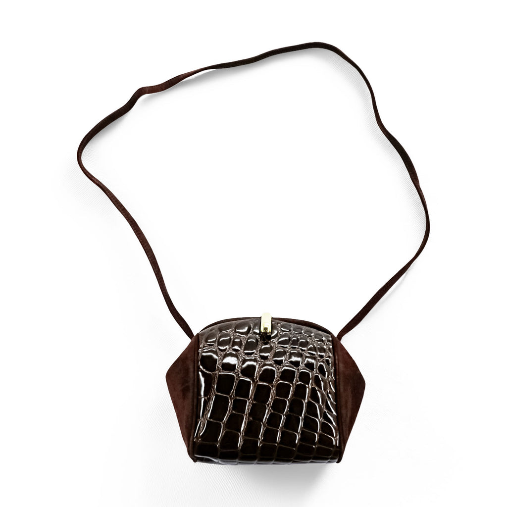 OLPAN 90年代 ヴィンテージ クロコ型押し ショルダーバッグ エナメルレザー ブラウン スエード がま口 ポシェット