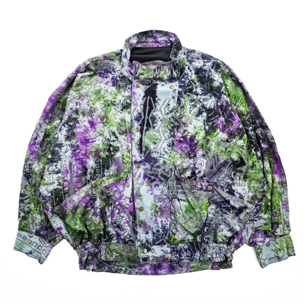 Vintage 80s 90s Abstract Print Windbreaker Jacket Purple Green Gray Snap Button Stand Collar Retro